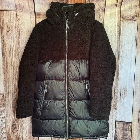 Calvin Klein Coat Mixed Media Hooded Puffer Black Sherpa Quilted Winter Jacket M - Picture 1 of 11